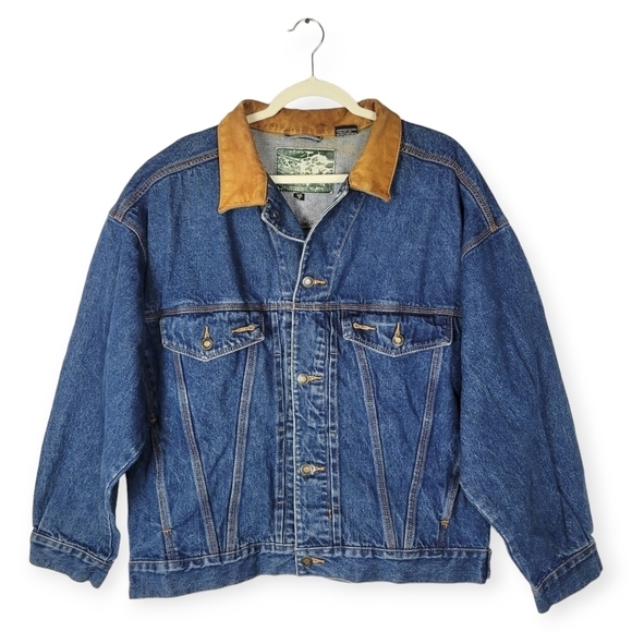 Vintage R.D. New York Leather Collar Western Cowboy Classic Denim Jacket